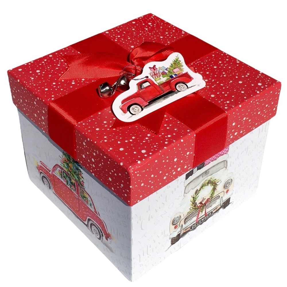 Holiday Red Gift Box with Vintage Truck Design